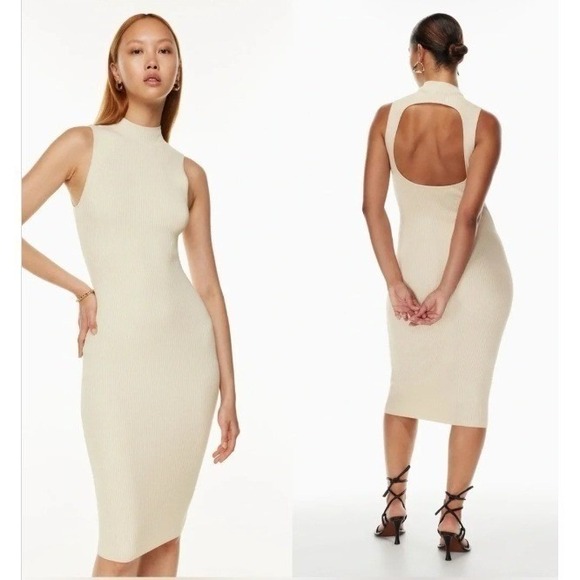 Aritzia Dresses & Skirts - Aritzia Babaton‎ Cream Midi Dress Mock Neck Cut Out Open Back Large
